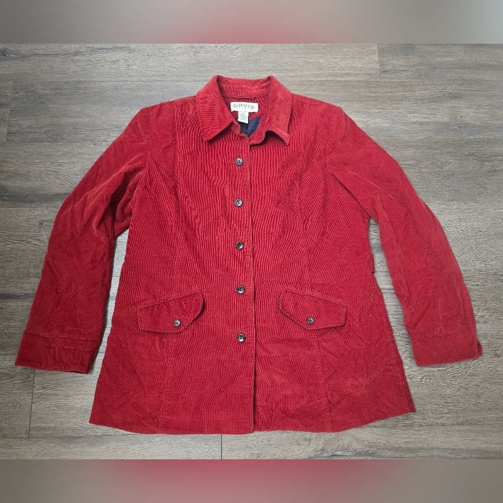 Orvis Corduroy Jacket Womens Size Large Deep Red Orange Button Front 100% Cotton
